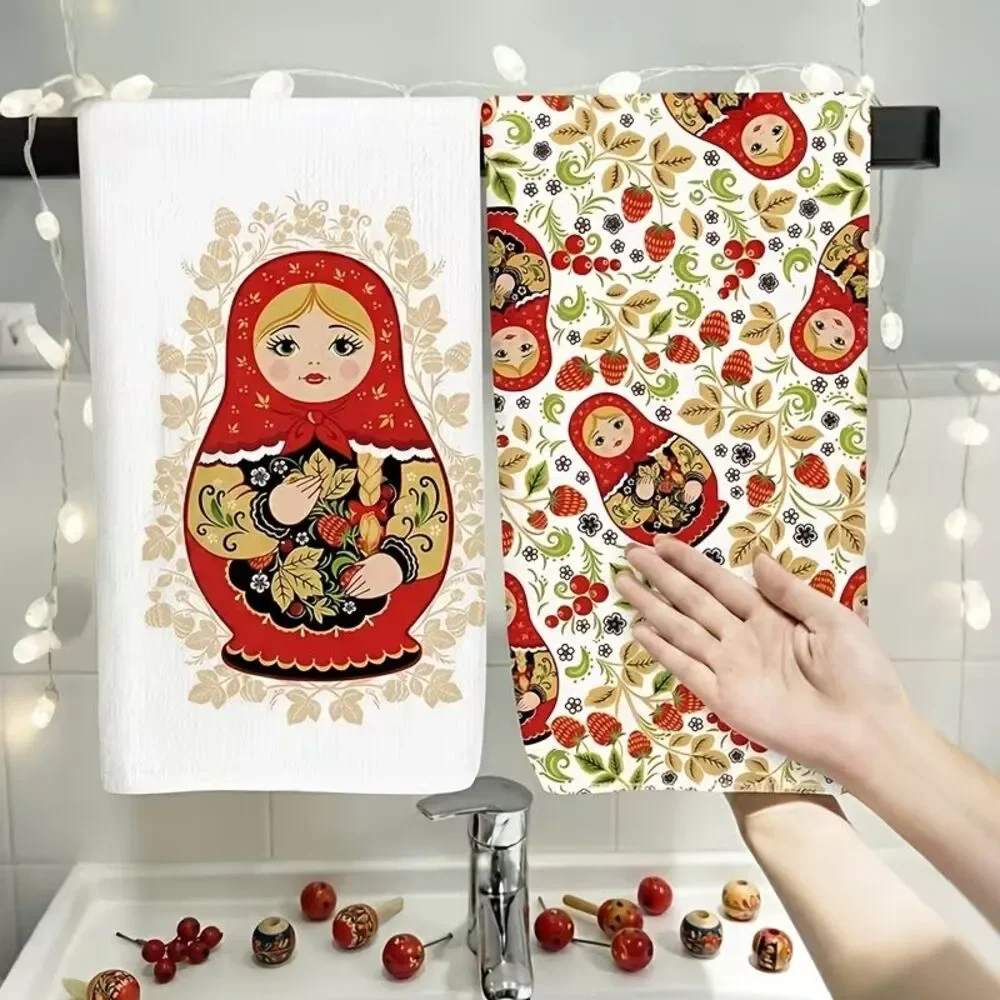 Russian Matryoshka Nesting Doll Microfiber Kitchen Towels Red Floral 2-Pc Gift